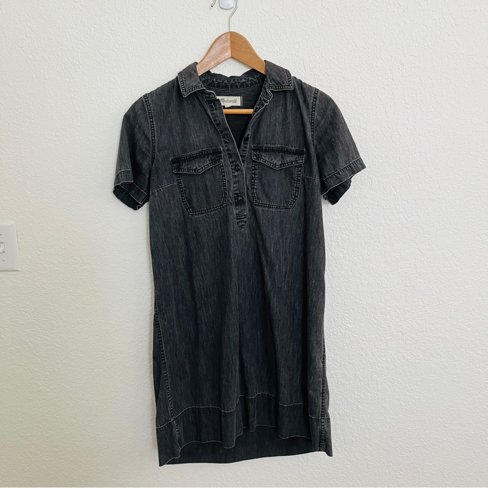 Denim Short-Sleeve Shirtdress (black/gray)